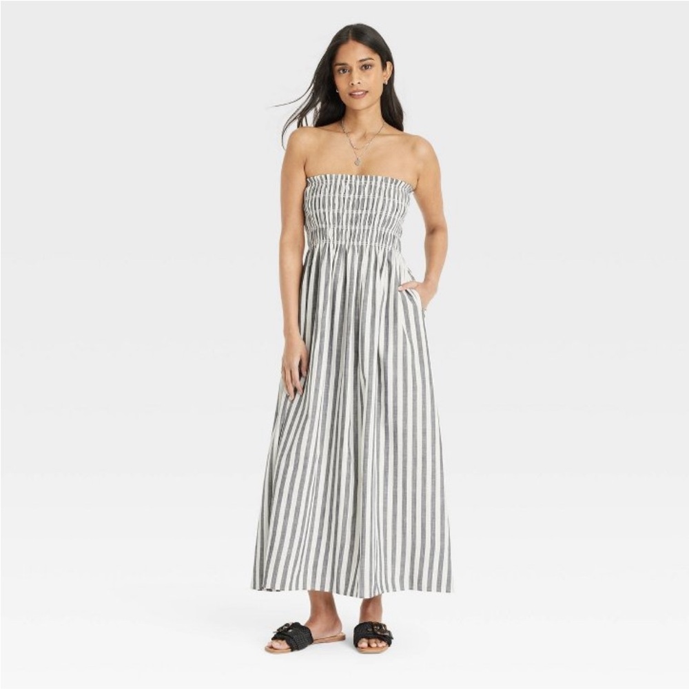 Striped Black and White Strapless Maxi Dress